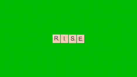 Stop-Motion-Business-Concept-Overhead-Wooden-Letter-Tiles-Forming-Word-Rise-On-Green-Screen
