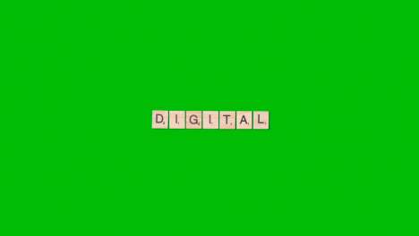 Stop-Motion-Business-Concept-Overhead-Wooden-Letter-Tiles-Forming-Word-Digital-On-Green-Screen