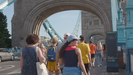 Turistas-De-Verano-Caminando-Por-El-Puente-De-La-Torre-Londres-Inglaterra-Reino-Unido-Con-Tráfico-1