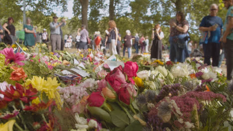Close-Up-Shot-of-Hundreds-of-Floral-Tributes-and-Mourners-In-Green-Park