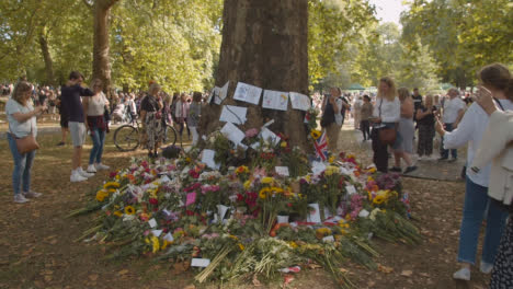 Wide-Shot-of-Flower-Tributes-and-Mourners-In-Green-Park