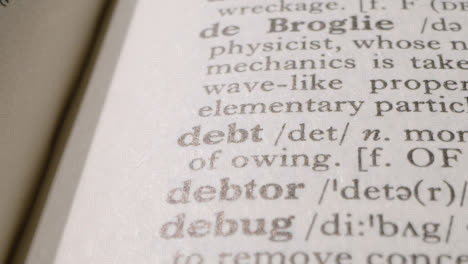 Close-Up-On-Page-Of-Dictionary-With-Definition-Of-Word-Debt