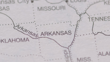 Close-Up-On-Page-Of-Atlas-Or-Encyclopaedia-With-USA-Map-Showing-State-Of-Arkansas