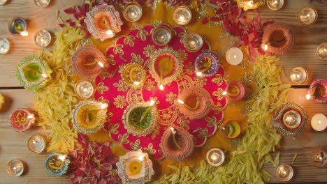 Overhead-Aufnahme-Von-Brennenden-Lampen,-Die-Das-Diwali-Fest-Feiern