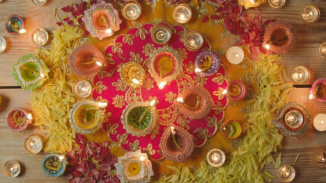 Überkopfaufnahme-Von-Brennenden-Lampen,-Die-Das-Fest-Von-Diwali-1-Feiern