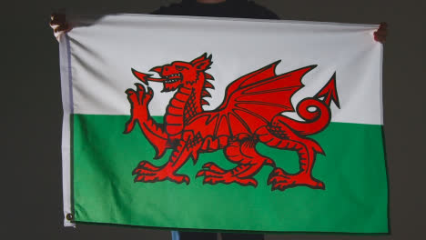 Studio-Shot-Of-Anonymous-Person-Or-Sports-Fan-Holding-Flag-Of-Wales-Against-Black-Background