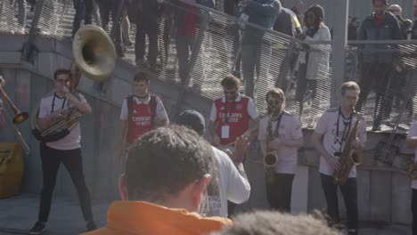 Band-Playing-Outside-The-Emirates-Stadium-Home-Ground-Arsenal-Football-Club-London-With-Supporters-On-Match-Day-3