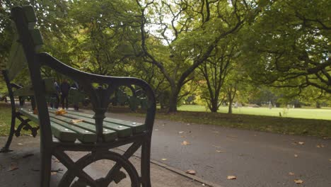 People-Walking-Through-Bute-Park-In-Cardiff-Wales-In-Autumn-With-Bench-In-Foreground