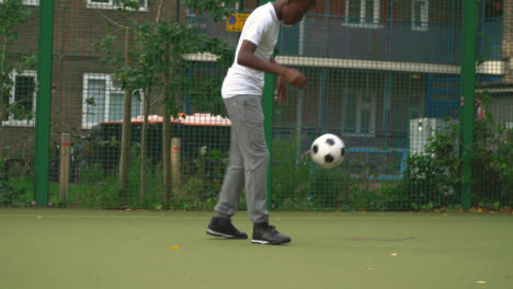 Close-Up-Of-Player-Flicking-Up-Football-On-Artificial-Soccer-Pitch-In-Urban-City-Area-1