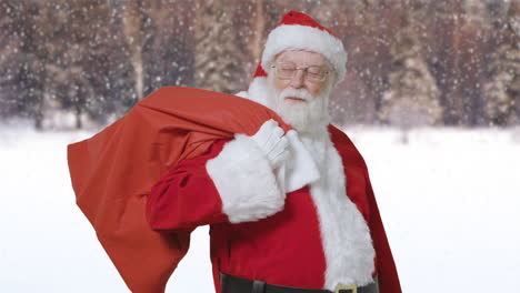 Santa-Claus-Sosteniendo-Su-Saco-De-Regalos-Frente-A-Un-Bosque-De-Invierno