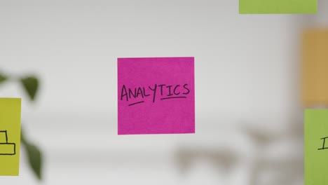 Close-Up-Of-Woman-Putting-Sticky-Note-With-Analytics-Written-On-It-Onto-Transparent-Screen-In-Office