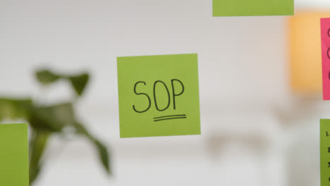 Close-Up-Of-Woman-Putting-Sticky-Note-With-SOP-Written-On-It-Onto-Transparent-Screen-In-Office