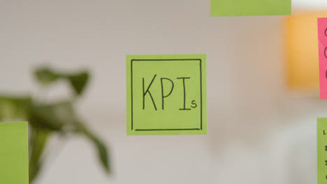 Close-Up-Of-Woman-Putting-Sticky-Note-With-KPIs-Written-On-It-Onto-Transparent-Screen-In-Office