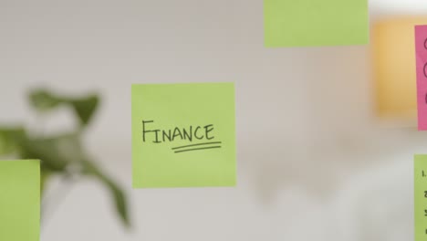 Close-Up-Of-Woman-Putting-Sticky-Note-With-Finance-Written-On-It-Onto-Transparent-Screen-In-Office-