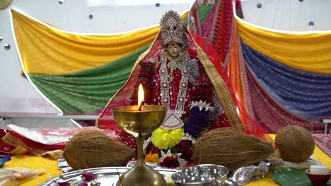 Lit-Brass-Lamp-With-Hindu-Goddess-Durga-Mata-Ji-At-Celebration-Of-Navratri-2