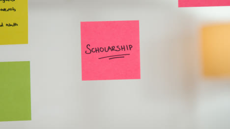 Close-Up-Of-Woman-Putting-Sticky-Note-With-Scholarship-Written-On-It-Onto-Transparent-Screen-In-Office