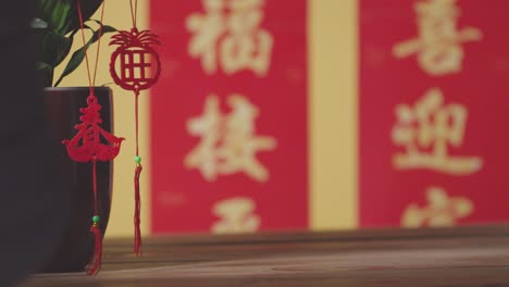 Woman-Hanging-Decorations-Celebrating-Chinese-New-Year-On-Plants-At-Home-With-Banner-In-Background-3