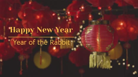 Gráfico-De-Mensaje-De-Feliz-Año-Nuevo-Celebrando-El-Año-Chino-Del-Conejo-Con-Linternas-En-Segundo-Plano