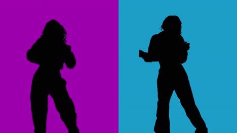 Split-Screen-Studio-Silhouette-Of-Women-Dancing-Against-Purple-And-Blue-Backgrounds