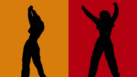 Split-Screen-Studio-Silhouette-Von-Frauen,-Die-Vor-Roten-Und-Orangefarbenen-Hintergründen-Tanzen
