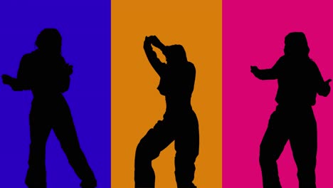 Split-Screen-Studio-Silhouette-Of-Women-Dancing-Against-Coloured-Backgrounds