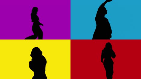 Split-Screen-Studio-Silhouette-Of-Women-Dancing-Against-Coloured-Backgrounds