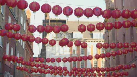 Close-Up-Of-Colorful-Paper-Lanterns-Hung-Across-Street-To-Celebrate-Chinese-New-Year-2023-In-London-UK-