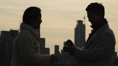 Silhouette-Of-Couple-With-Romantic-Man-Proposing-To-Woman-Against-City-Skyline