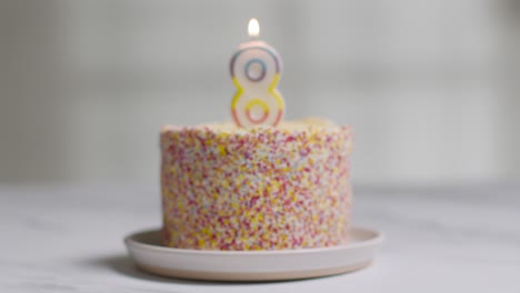 Studio-Shot-Birthday-Cake-Covered-With-Decorations-And-Lit-Candle-Celebrating-Eighth-Birthday-Being-Blown-Out