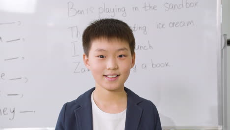 Student-Standing-In-Front-Of-Blackboard-In-English-Classroom-Smiling-And-Looking-At-Camera
