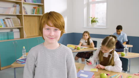 Redheaded-Male-Student-Looking-At-Camera-In-English-Classroom,-In-The-Background-Their-Classmates-Are-Sitting-At-Desks