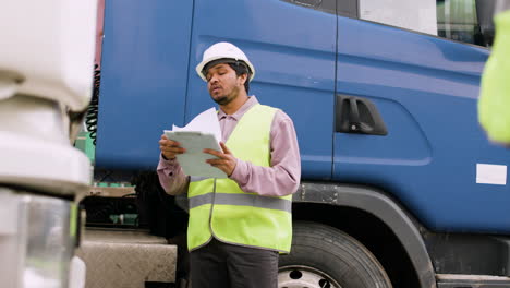 Worker-Wearing-Vest-And-Safety-Helmet-Organizing-A-Truck-Fleet-In-A-Logistics-Park-While-Reading-A-Document