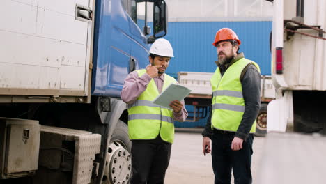 Boss-And-Worker-Wearing-Vests-And-Safety-Helmets-Organizing-A-Truck-Fleet-In-A-Logistics-Park-While-They-Consulting-A-Document-4