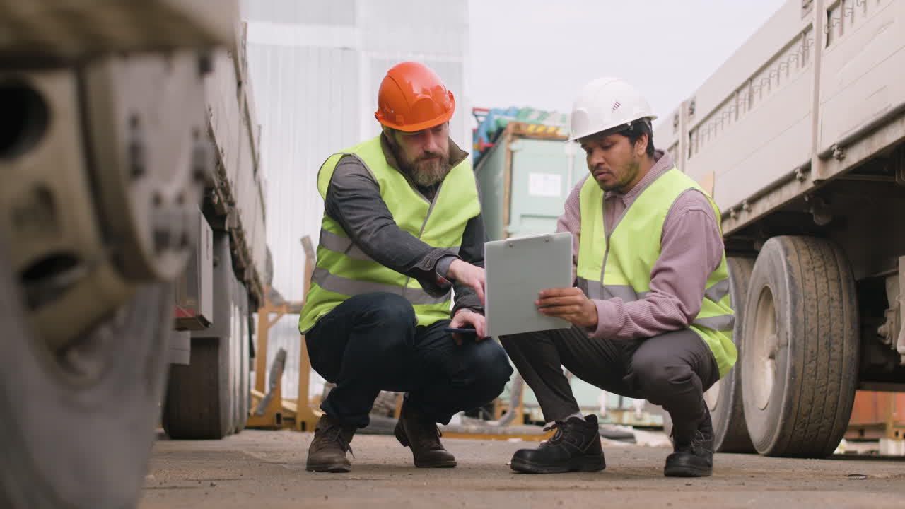 Premium stock video - Boss and worker wearing vests and safety helmets ...