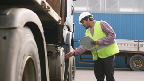 Side-View-Of-Worker-Wearing-Vest-And-Safety-Helmet-Organizing-A-Truck-Fleet-In-A-Logistics-Park-While-Reading-A-Document