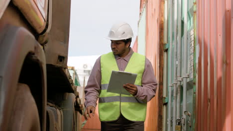 Worker-Wearing-Vest-And-Safety-Helmet-Reading-Documents-In-A-Logistics-Park-While-Walking
