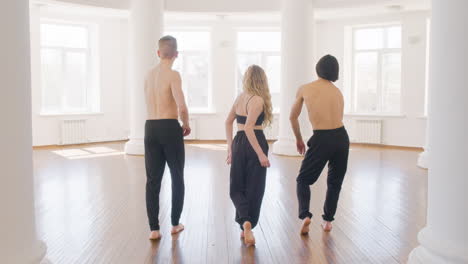 Rückansicht-Von-Drei-Professionellen-Zeitgenössischen-Tänzern,-Die-Tanzbewegungen-Im-Studio-Trainieren
