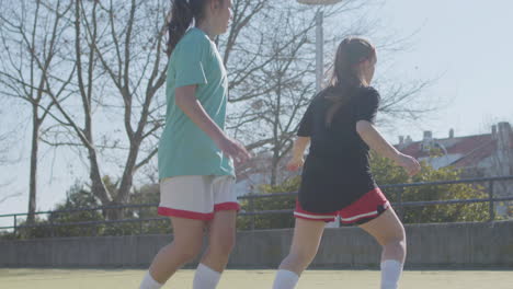 Junge-Mädchen-Im-Teenageralter,-Die-An-Einem-Sonnigen-Tag-Fußball-Spielen