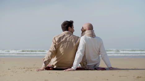 Rückansicht-Eines-Fröhlichen-Homosexuellen-Paares,-Das-Sich-Beim-Sitzen-Am-Strand-Die-Köpfe-Aneinander-Lehnt