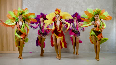 Flve-Cabaret-Dancer-Performing-A-Samba-Dance-In-Colorful-Feather-Gowns