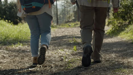 Close-Up-Shot-Of-Two-People-Walking-Along-Dirt-Path-In-National-Park-Or-Forest