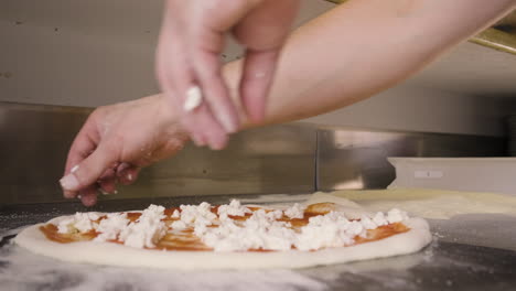 Close-Up-View-Of-A-Chef-Hands-Spreading-Cheese-On-Pizza-Dough-On-A-Restaurant-Kitchen-Countertop-1