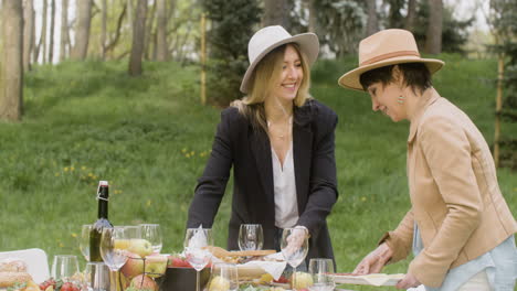 Two-Happy-Women-Setting-Food-On-A-Dining-Table-For-An-Outdoor-Party-In-The-Park