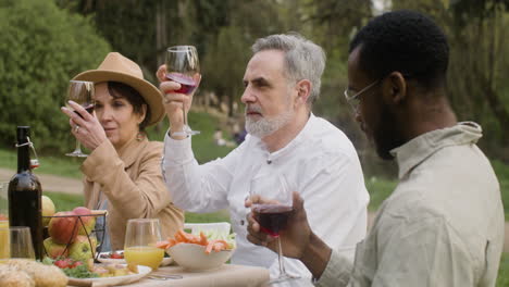 Group-Of-Middle-Aged-Friends-Drinking-Red-Wine-While-Sitting-At-Table-During-An-Outdoor-Party-In-The-Park