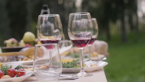 Close-Up-View-Of-Two-Wine-Glasses-On-A-Table-During-An-Outdoor-Party-In-The-Park