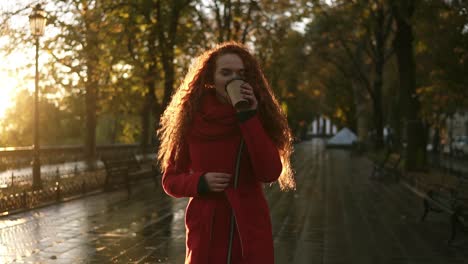 Red-haired-stunning-woman-walking-on-a-city-park