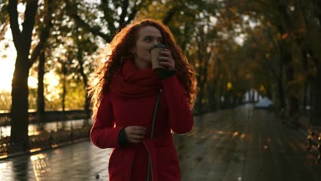 Red-haired-woman-walking-on-a-city-park