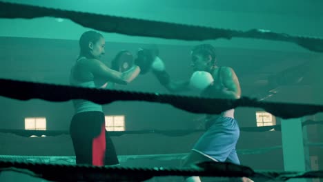 Two-Caucasian-female-boxers-training-in-boxing-gym-together