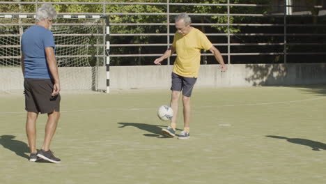 Athletic-senior-sportsmen-practicing-skills-with-soccer-ball-on-the-pitch