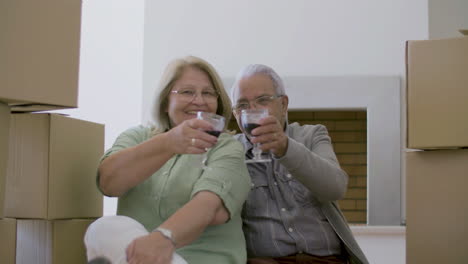 Senior-couple-drinking-wine-on-floor-and-looking-at-the-camera-after-moving-to-new-house